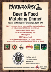 Beer & Food Matching Dinner hosted by Matilda Bay Brewers & Turf Bar