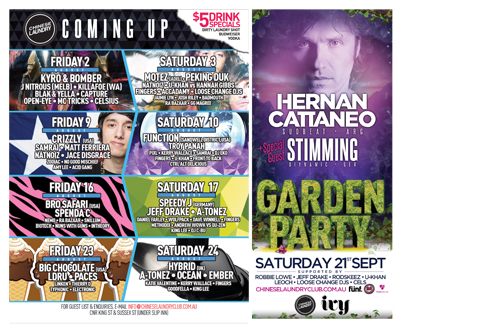 what's on at Chinese Laundry August 2013