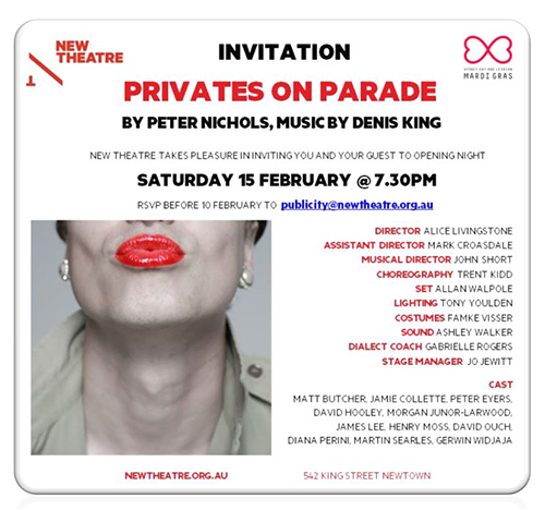 Privates on Parade New Theatre Sydney Invite