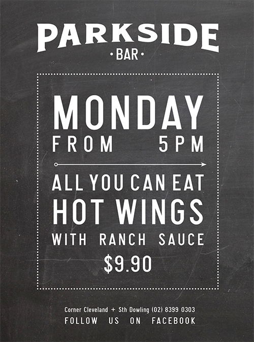 Parkside Bar Redfern Hot Wings Advert