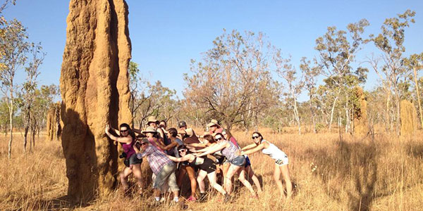 territory-expeditions-termite-mound group pushing a termite mound in northern territory