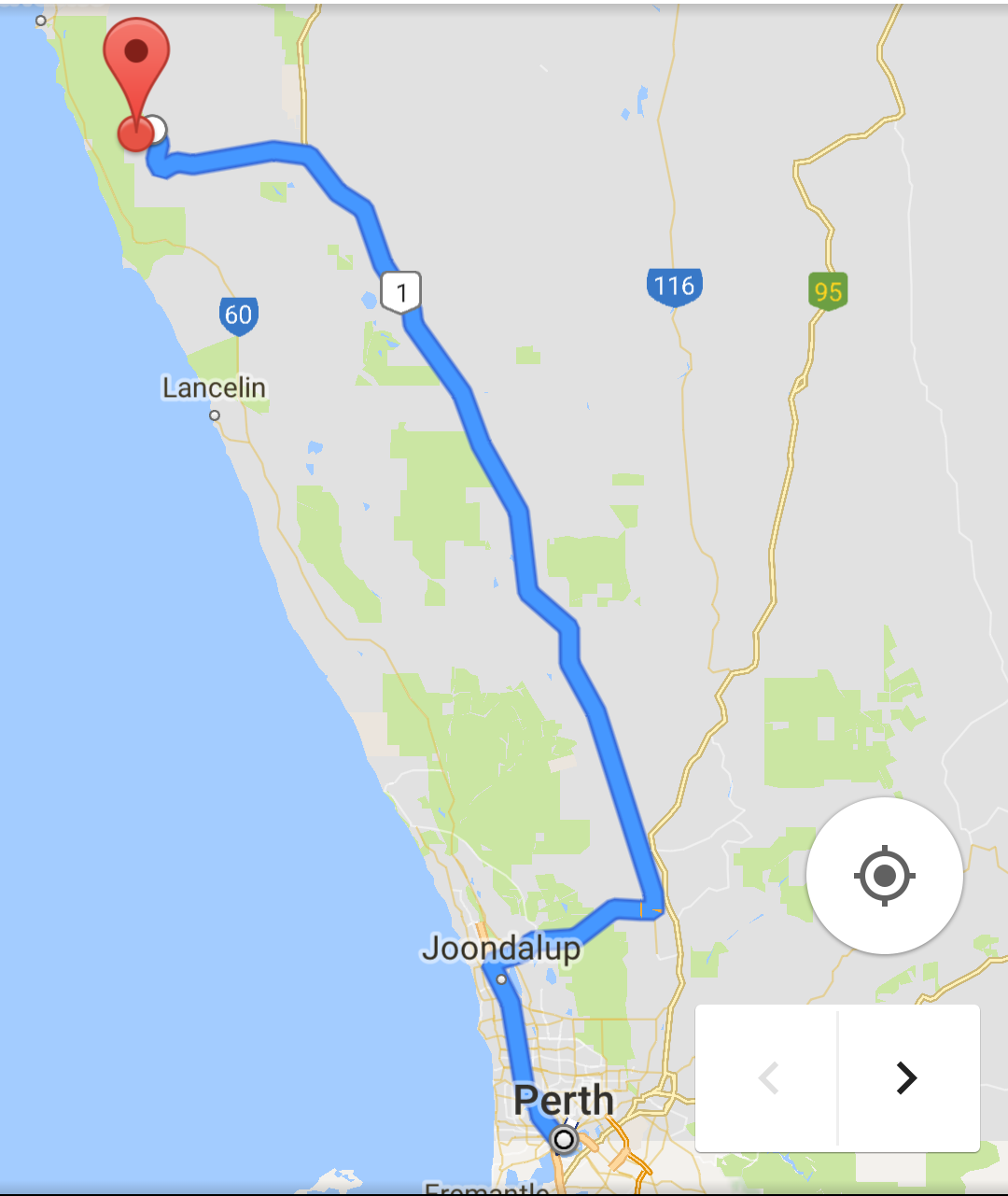 A suggested rout from Perth to The Pinnacles