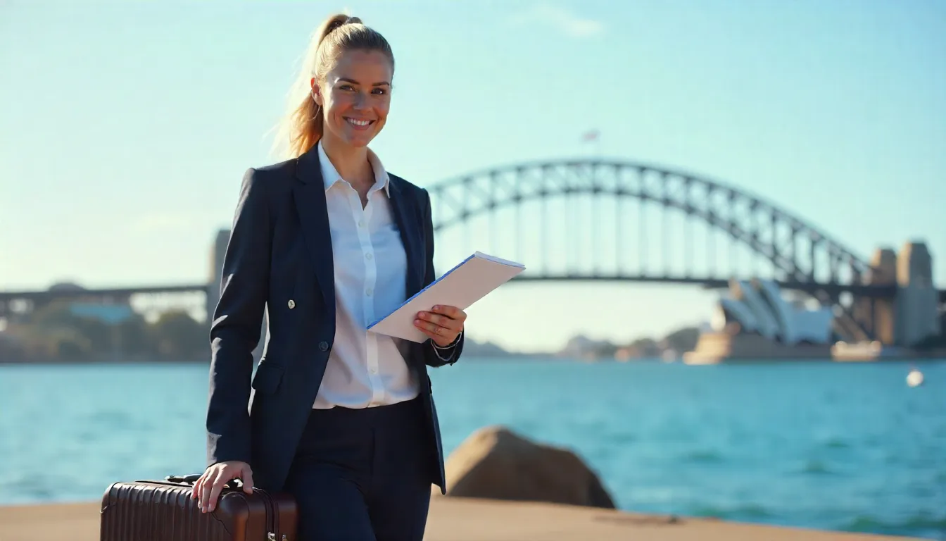 A confident Scottish professional standing in front of iconic Australian landmark skilled migration from scotland to australia