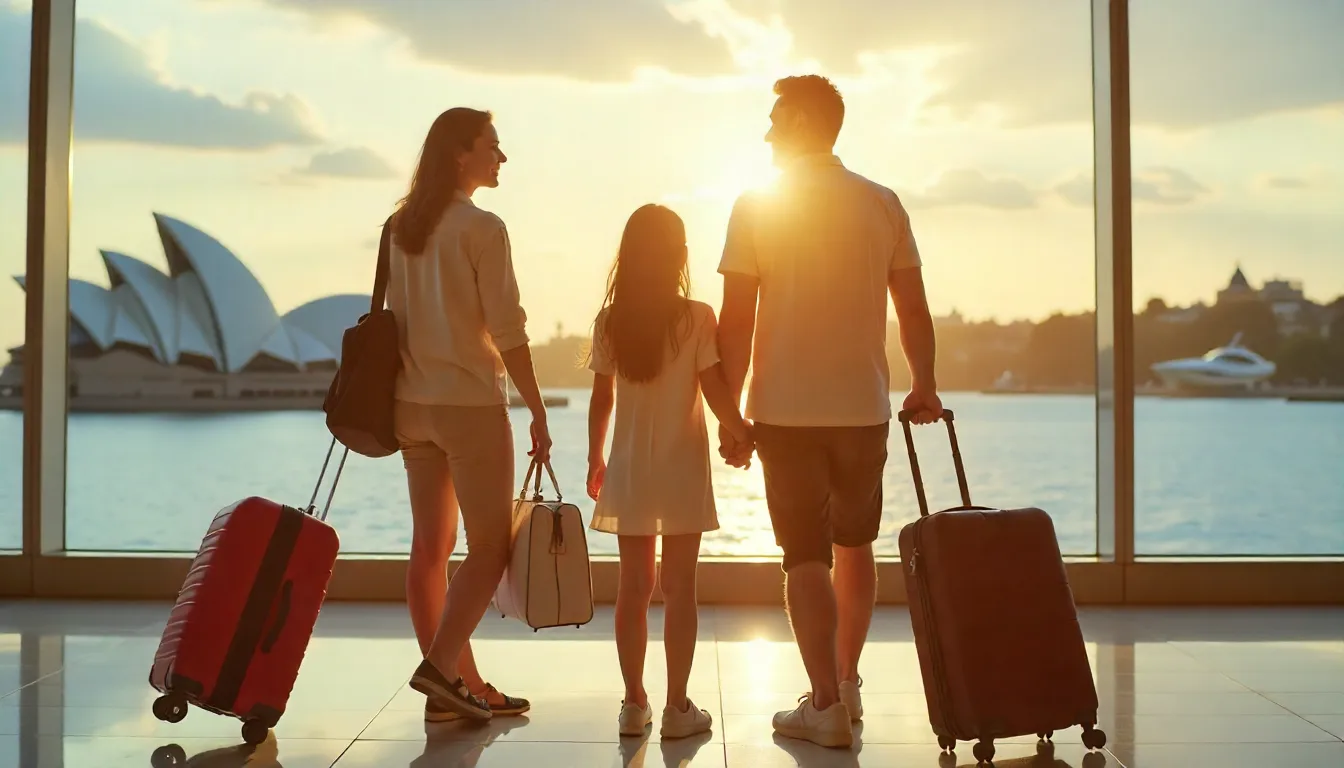 A happy Northern Irish family standing with luggage skilled migration to australia in 2025