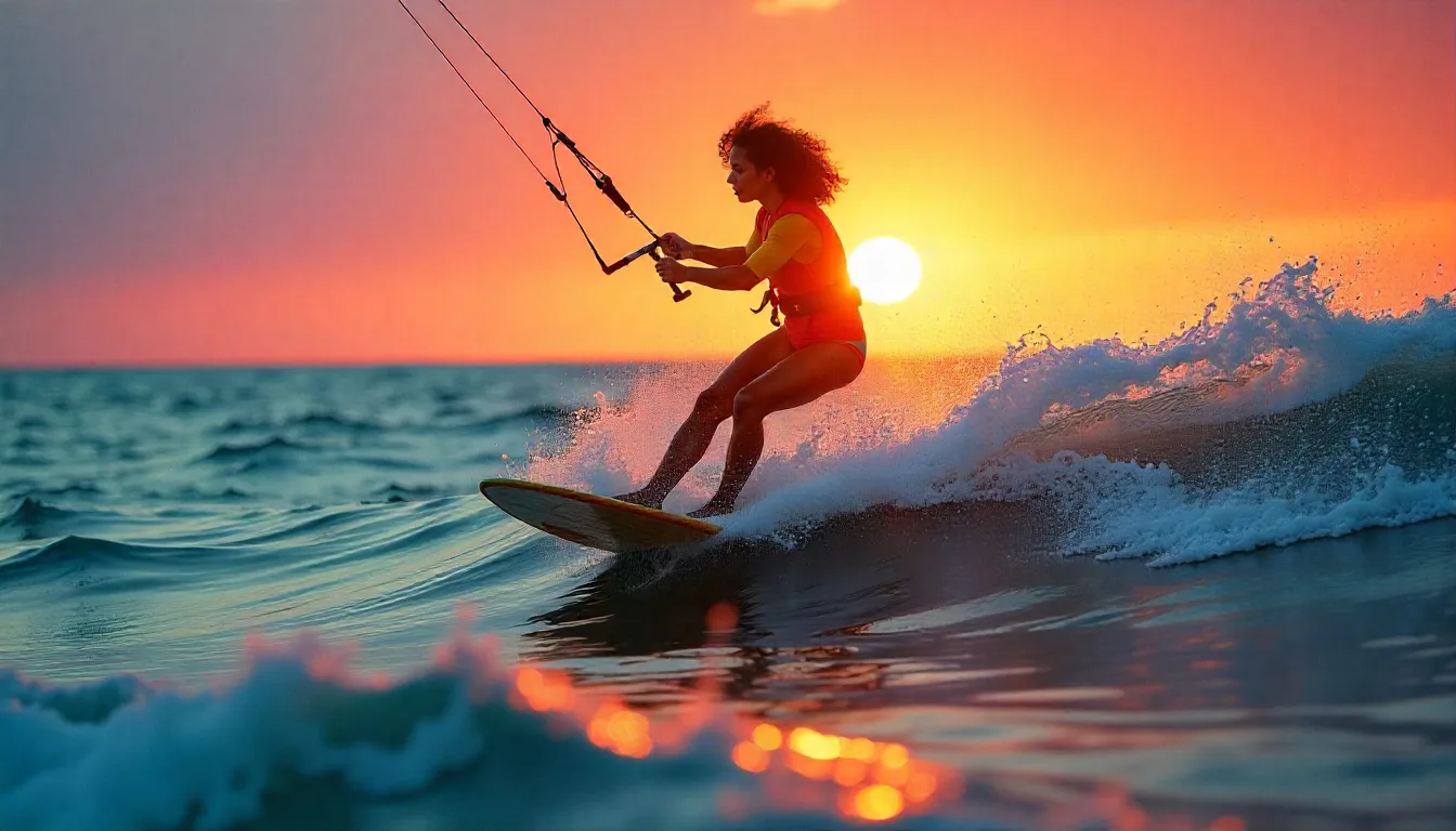 A kitesurfer riding a wave at sunrise kitesurfing in brisbane