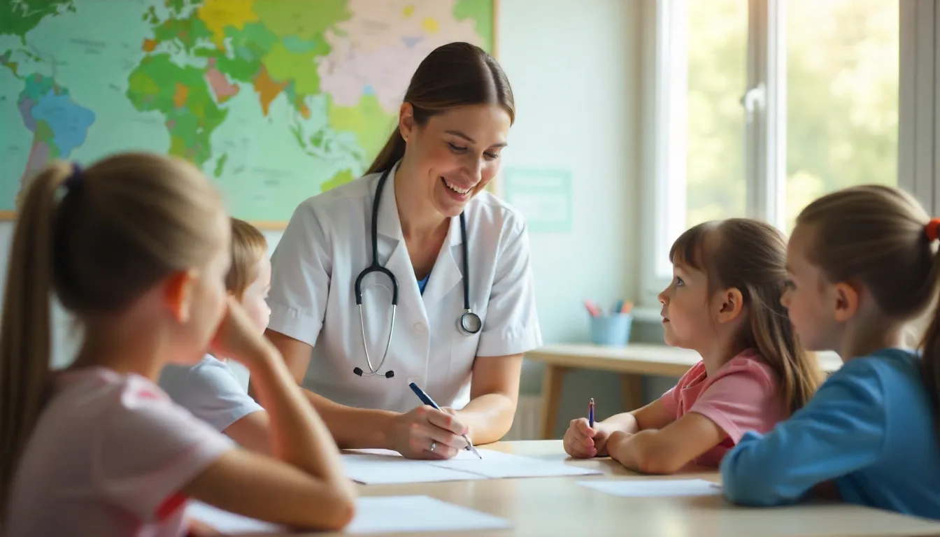 A professional nurse providing health education to school children in a bright, modern classroom community nurse jobs australia