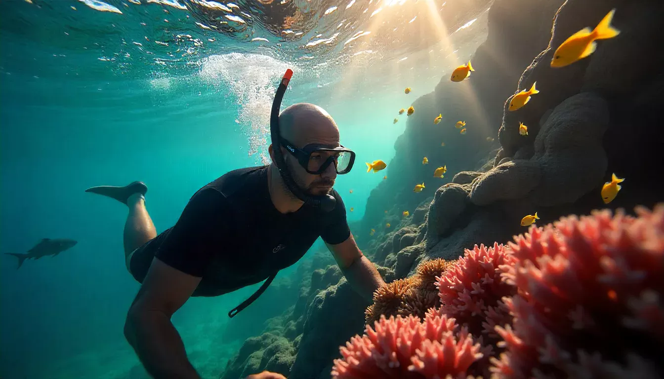 A snorkeler exploring vibrant coral in the Whitsundays at twilight snorkelling spots in the whitsundays