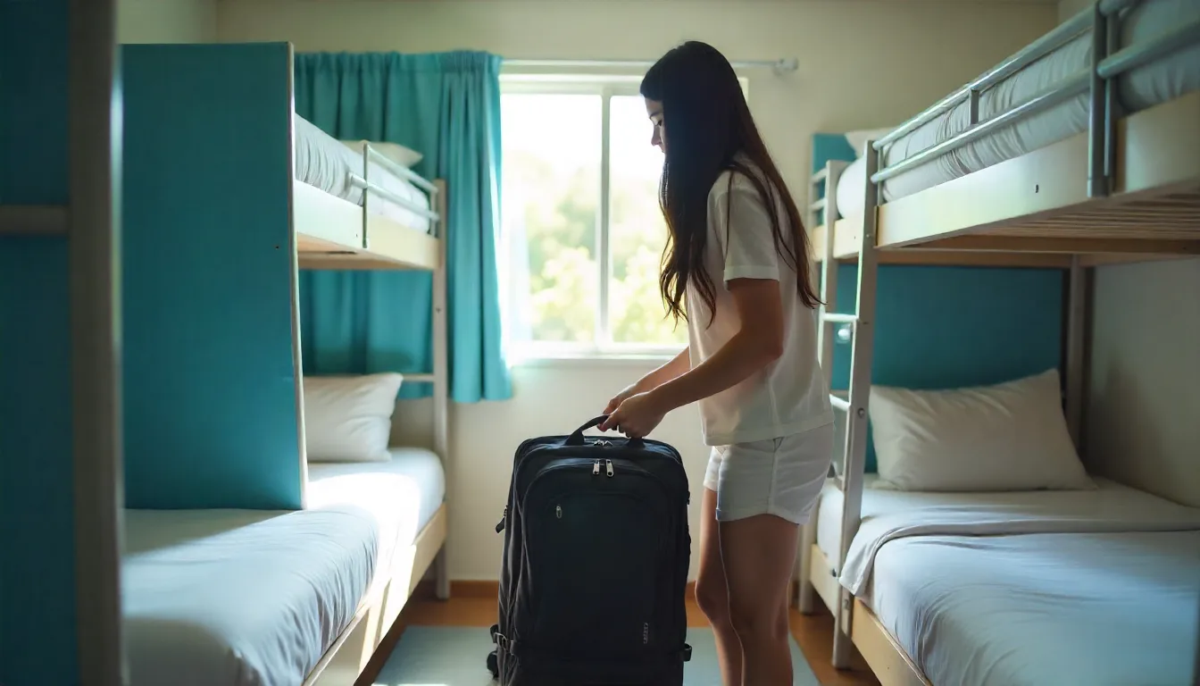A solo female traveler organizing her backpack in a secure female-only dorm in Cairns female backpacker hostels in cairns
