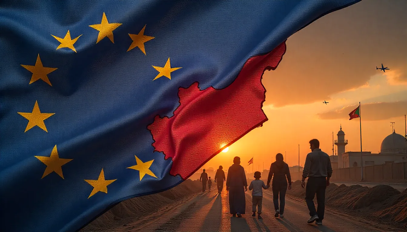 A symbolic illustration showing the European Union flag partly overlaying a map of Gaza israel gaza crisis