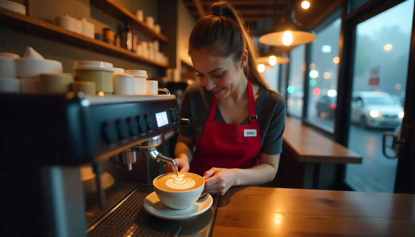 A young barista making coffee behind a sleek café counter in Perth backpacker hospitality jobs in perth