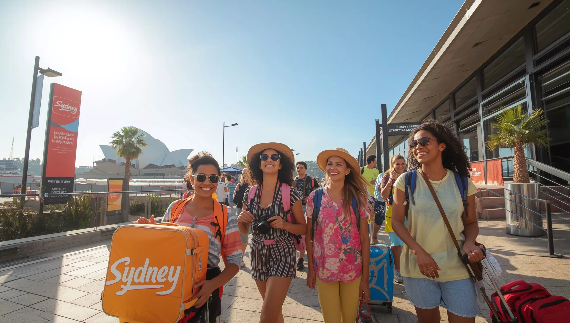 A group of smiling travellers with backpacks walking out of Sydney Airport working holiday maker visa in australia
