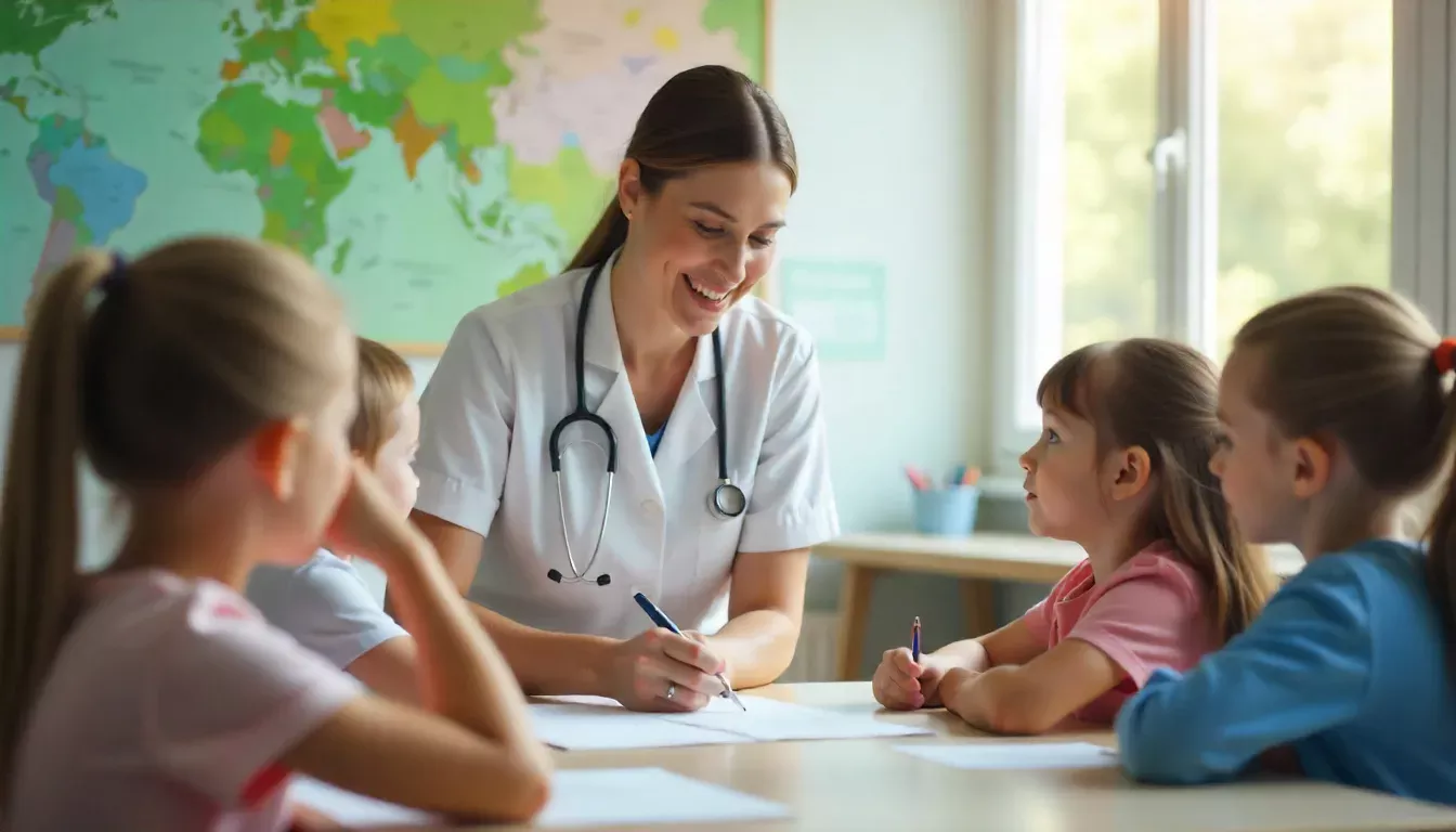 A professional nurse providing health education to school children in a bright, modern classroom community nurse jobs australia