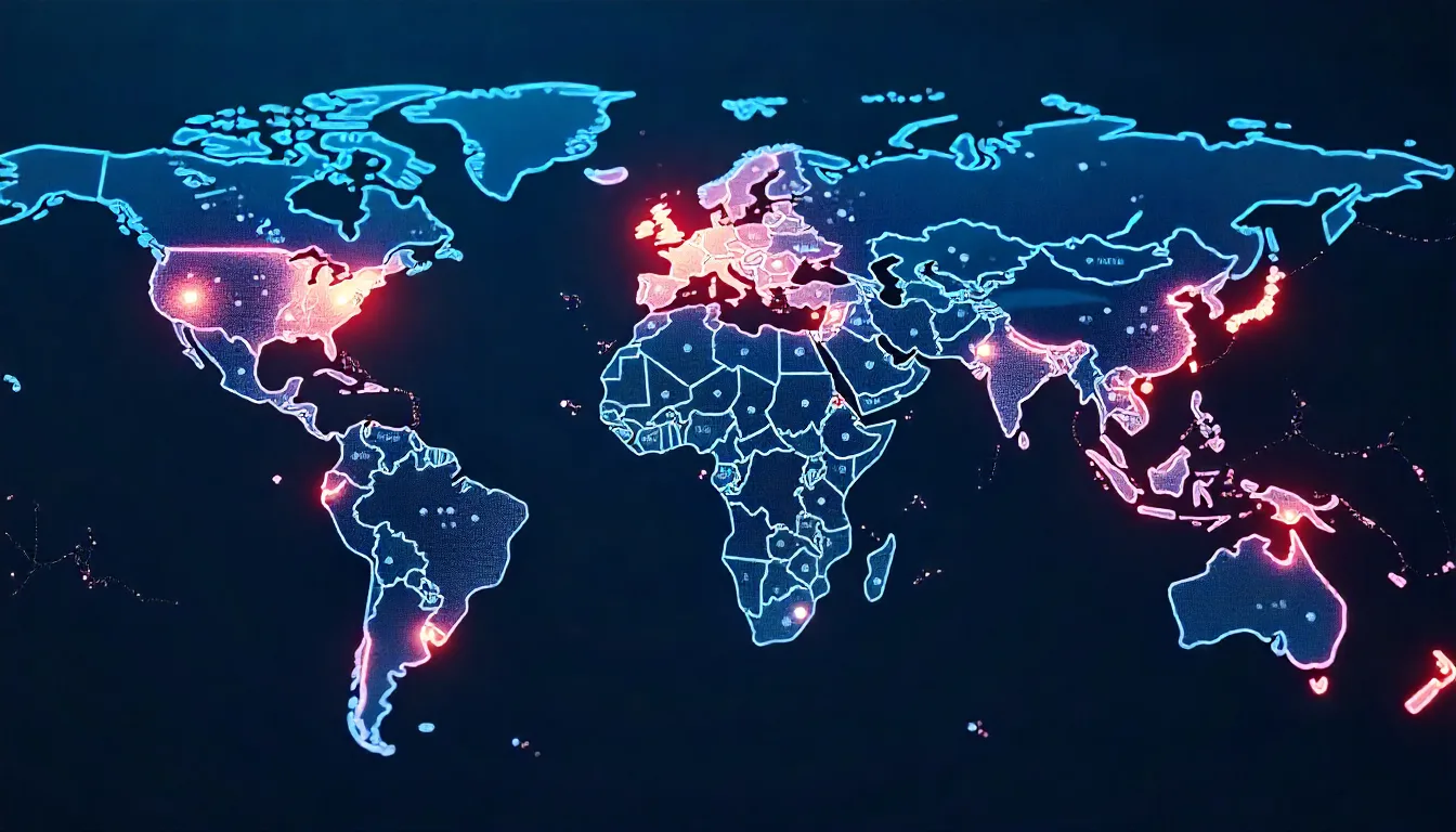 Detailed world map highlighting major global cities with glowing neon markers indicating highest expat salaries world’s highest-paid expats