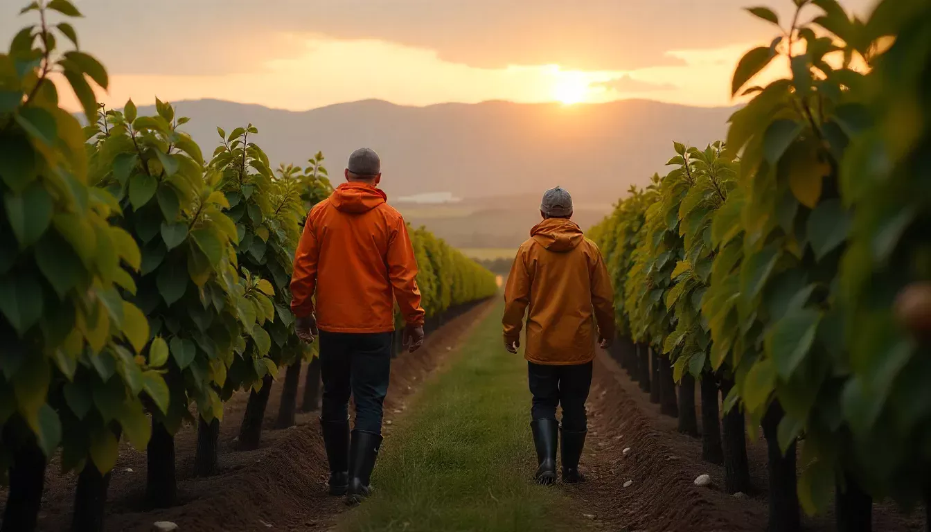Overcast sunset view of fruit picking workers in the vineyards near Sydney farm work in sydney