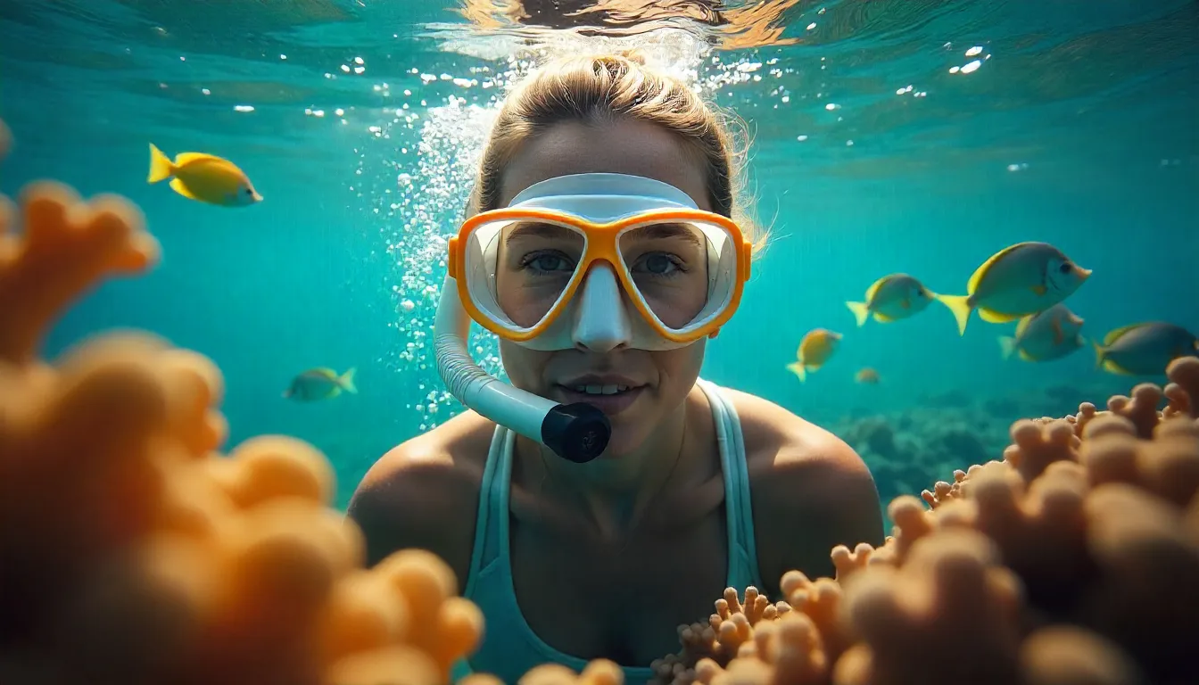 Snorkeller surrounded by tropical fish and coral best snorkelling spots near cairns